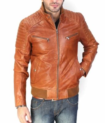 Genuine Leather Jacket Custom Tailor Made Lamb/Sheep skin Biker Cognac Bomber 