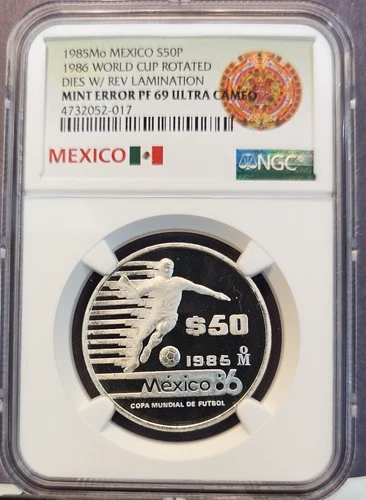 1985 MEXICO SILVER 50 PESOS WORLD CUP NGC PF 69 ULTRA CAMEO MINT ERROR TOP POP