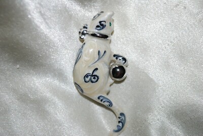 Swirled Enamel Cat Pin W/ Silver Ball Veterinarian Vet Pet Kitten Crystals Fish