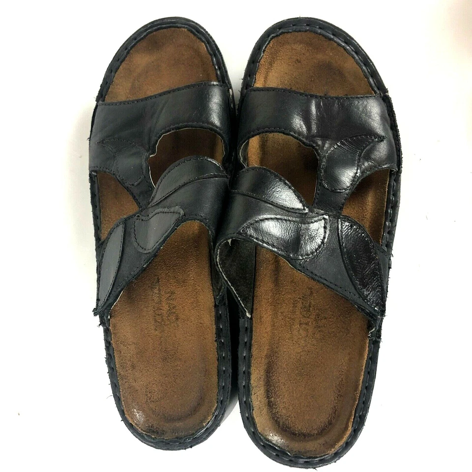 Naot Slides 37 Sandalias Cuero Negro Ajustable Gancho Lazo Cómodo Corcho Chanclas Foto 3 de 4