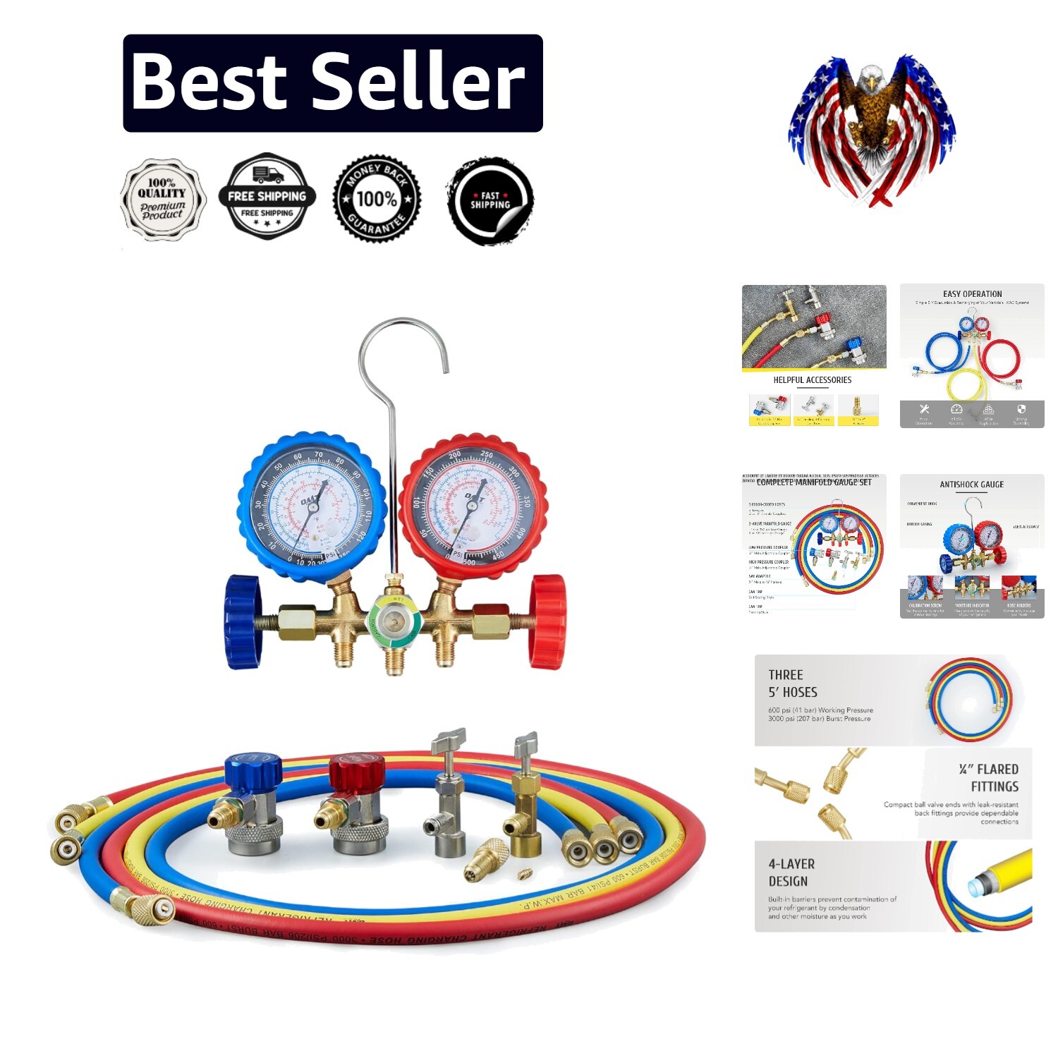 Heavy-Duty AC Gauge Set with 5FT Hoses for R12 R22 R502 Refrigerants - Portable