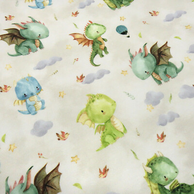 Stoff Baumwolle French Terry süße Drachen beige grün blau bunt Kinderstoff