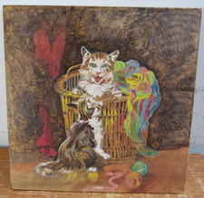 Vintage Wood Painting  Burning L Rollins Kitten Cat Laundry Basket 12x12