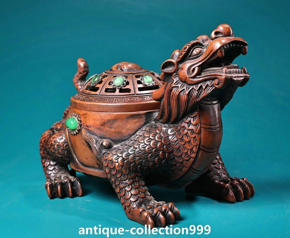 9.4"Old Red Copper Inlay Gems Eight Trigrams Dragon Turtle Incense Burner Censer - Image 3 of 4