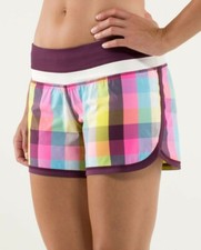 LULULEMON GROOVY RUN SHORTS SEA CHECK MULTI/ANGEL WING/PLUM SIZE 6 EUC