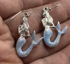 MERMAID DANGLE EARRINGS - FANTASY NAUTICAL / SILVER TONE AQUA BLUE TAIL  1.25  