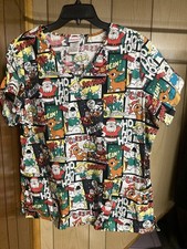 Rudolph The Red Nose Reindeer Scrub Top Large 100 Cotton Short sleeve 2 Pockets