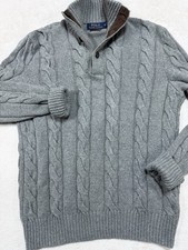 VTG Polo Ralph Lauren Silk Cashmere Cable Knit Mock Neck Sweater Mens SZ S Gray