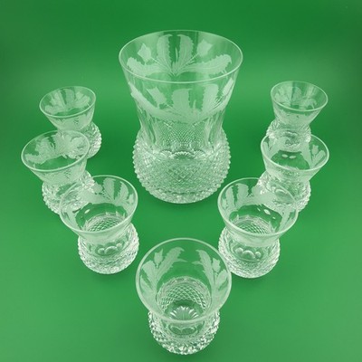 7 Edinburgh Scotland Crystal Whiskey Shot Glasses & Tumbler - Thistle Pattern