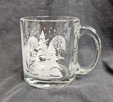 Vintage Etched Glass Coffee Mug Winter Snow Scene Trees Made in USA 14 oz