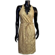 Chetta B Evening Dress Womens 8 Gold Lace Wrap Cocktail Party Sheath Formal