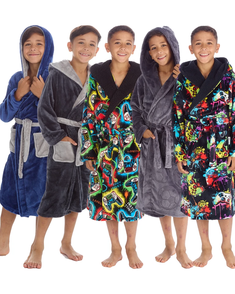 4KIDZ / SLUMBER HUT Kids Dressing Gown Boys Childrens Hooded Soft Fleece Winter Contrast Robe