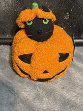 Halloween Black Cat In Pumpkin Plush Tabletop Decor Spooky Fuzzy 7" Ashland NEW