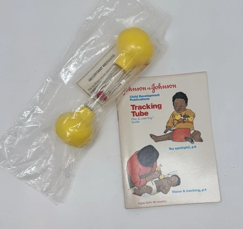 Vintage 1985 Johnson & Johnson Baby Toy Tube Tracker Teether W/ Learning Booklet