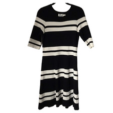 Eliza J Dress Size 8P Fit & Flare Black With White Bold Stripes Short Sleeve