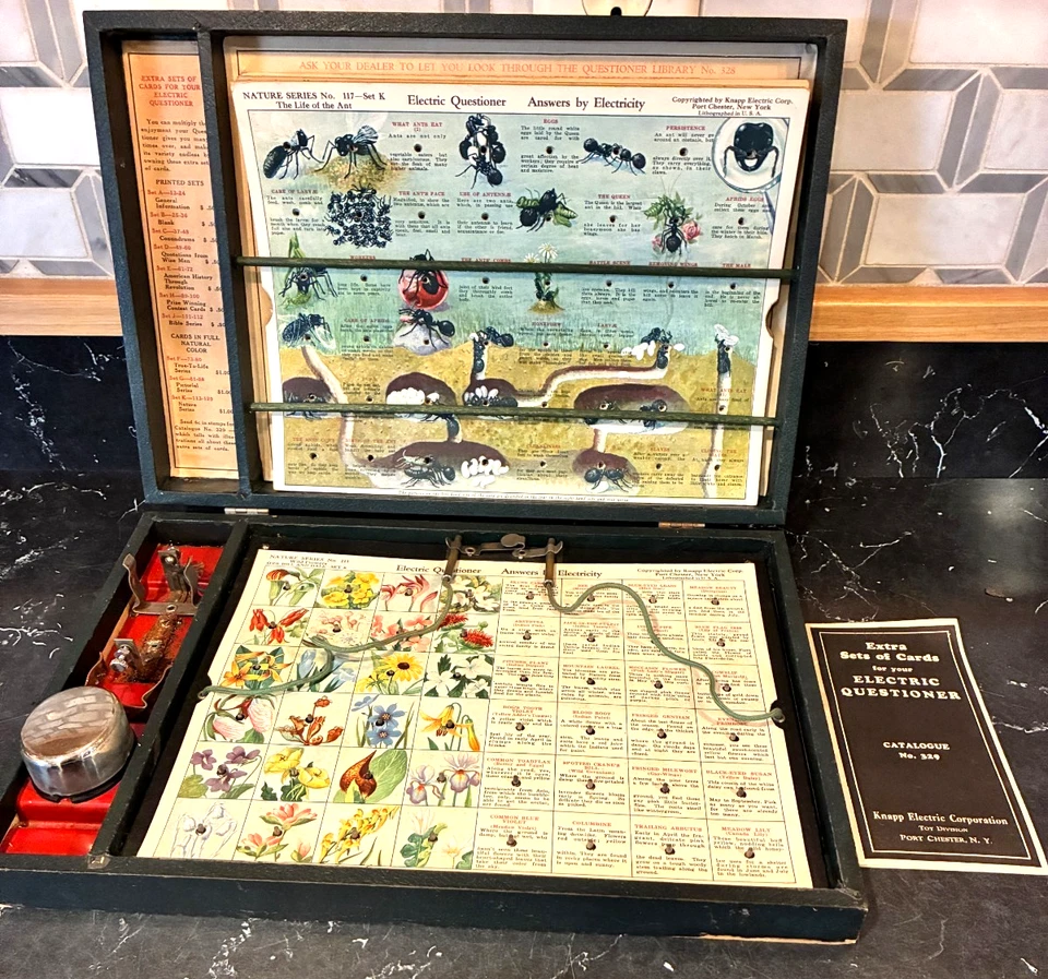 Vintage Knapp Electric Questioner #325 Game In Wood Box 12 Cards #1 - Image 2 of 4