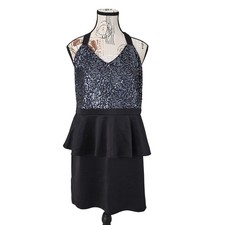 Charlotte Russe Dress XL Black Sequin Halter Peplum Y2K Glam Bling