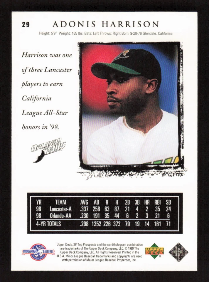 1999 SP Top Prospects #29 Adonis Harrison Orlando Rays - Image 2 of 2