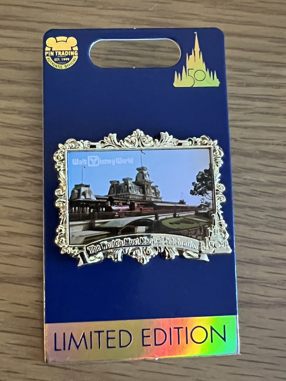 Disney Pin 50th Anniversary Postcard LE 3000 WDW Magic Kingdom Train Station 