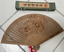 VINTAGE WOOD FOLDING FAN PANDA BEAR ANTIQUE MOTIF WITH ORIGINAL BOX