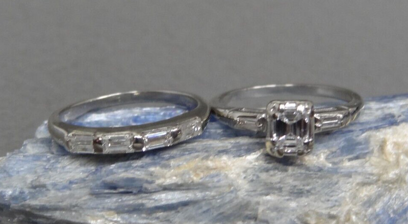 Vintage Emerald Cut Diamond Engagement Ring With Baguette Band size 5 3/4