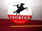 VINTAGE 11 3/4 in FRONTIER GAS "RARIN` TO GO" ADV. SIGN METAL PORCELAIN -S 336 D