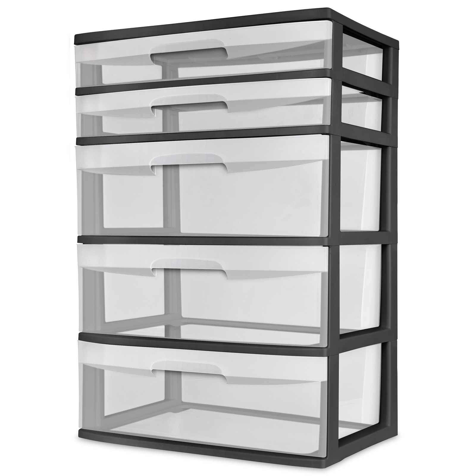 Black Plastic 5-Drawer Wide Storage Tower