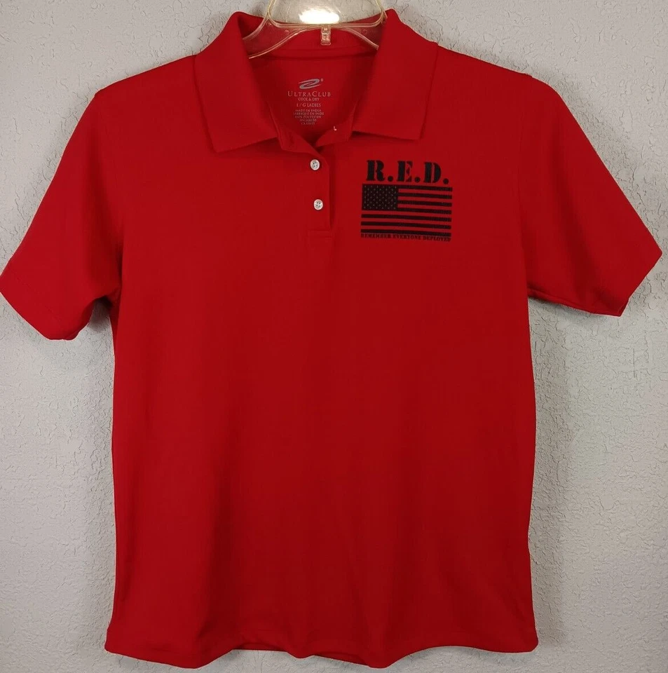 RED Remember Everyone Deployed women's golf polo shirt Military Sleeve Emblem LG - Image 2 of 4
