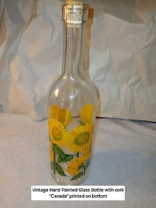 Hand Painted Sunflower Bottle With Cork 12 Inches Vintage