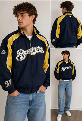 Majestic Authentic Collection Milwaukee Brewers Dugout Jacket Men's Medium Navy