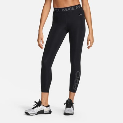 NIKE PRO WOMEN DRI-FIT TRAINING MID RISE GRAPHIC LEGGINGS BLACK #FN4984-NWT