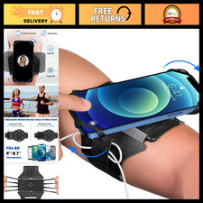 360 Rotatable Running Armband for 4-6.7" Smartphones, Key Holder, Black - Fits