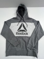 Reebok Hoodie Sweatshirt Mens Gray Colorblock Fleece Logo Graphic Pullover Read