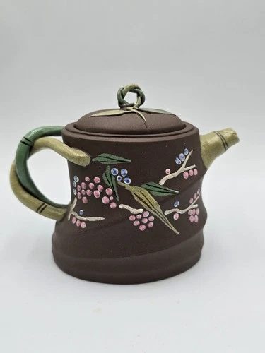 Japanese Yixing Zisha Clay Teapot Floral Bamboo Enameled Small
