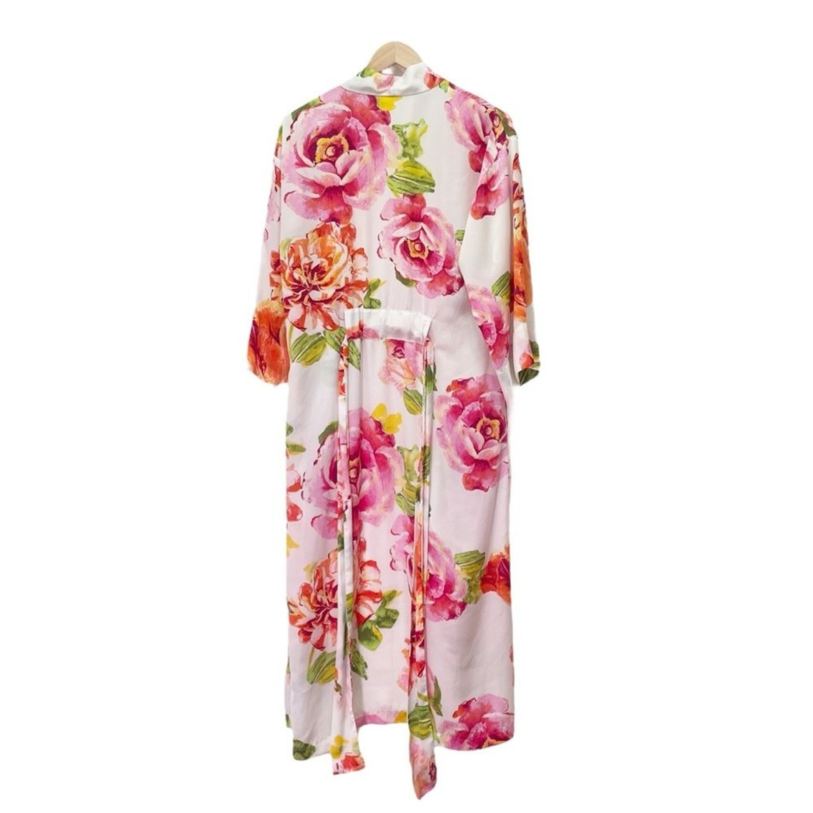 Natori South Pacific Floral Robe & Slip Nightgown Set Pink Orange Ivory Size S M