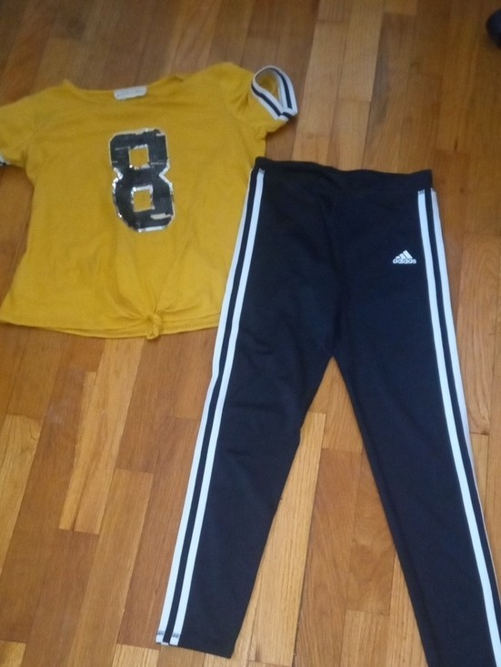 girl 14 adidas drifit leggings and yellow sequin tee