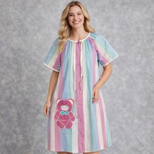 Vtg 70 80 Bright Striped MuuMuu House Coat Dress Robe Bear Pocket Night Gown S