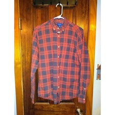 Arizona Jean Co Mens Plaid Shirt Button Down Long Sleeve Orange Navy Small