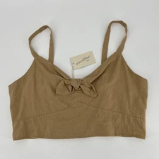 Linen Blend Tie Front Crop Top Large Tan Neutral Boho Universal Thread NWT