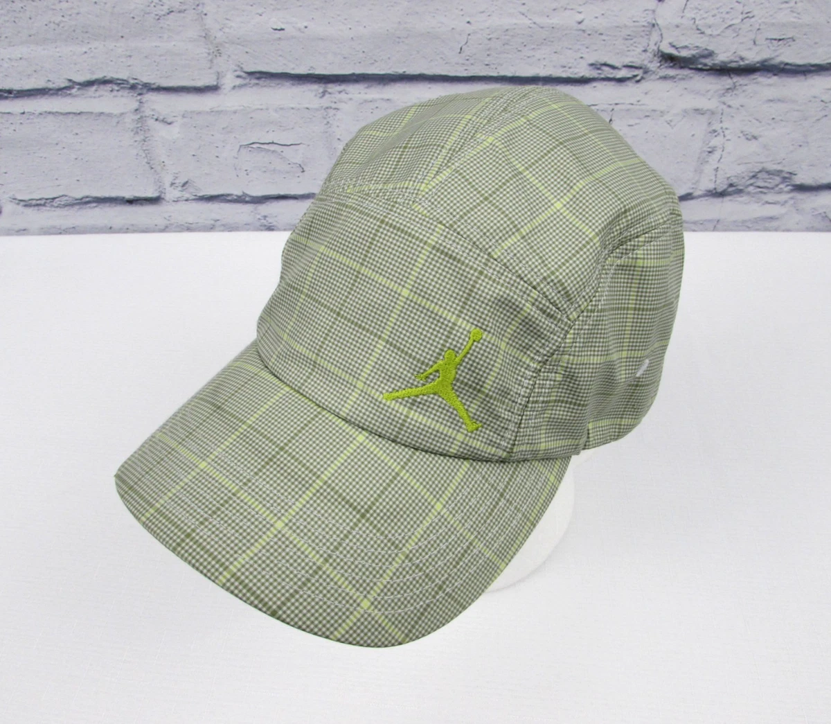 Air Jordan 5 Panel Hat Men Green Plaid Jumpman Strap Back Cap Rare