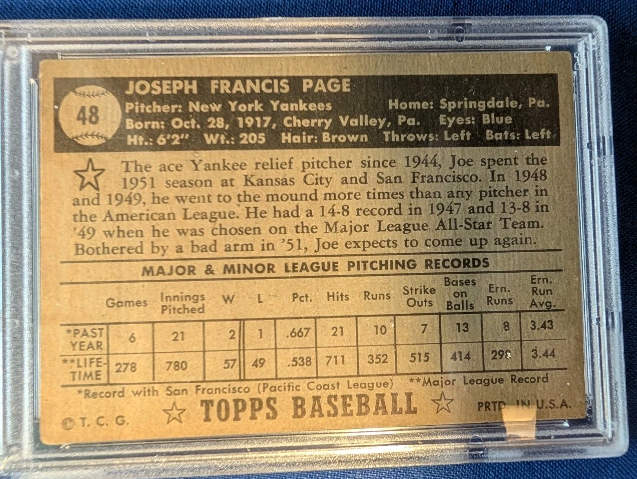 1952 Topps #48 Joe Page Black Back PSA 4 Correct Bio Yankees view 4