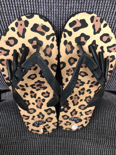 Chi Pedi Black Brown Leopard Print PVC Flip Flop USA Size 8.5 To 9.5 - Picture 8 of 10