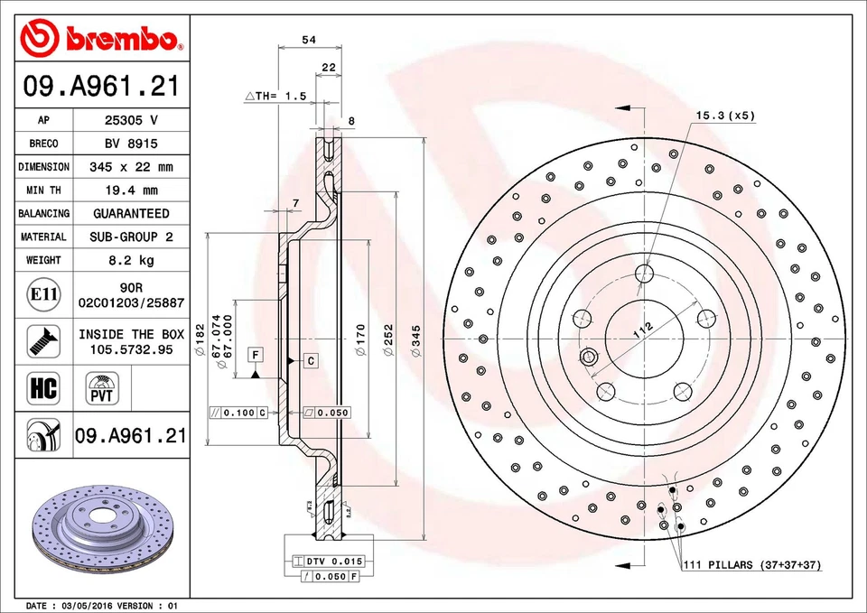 Rotor de freno de disco trasero Brembo 09.A961.21 345 mm para Mercedes-Benz GL450/GL550 2013 Foto 3 de 4