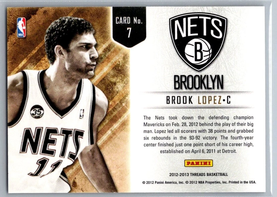 2012-13  PANINI THREADS BASKETBALL 7 INSIDE PRESENCE BROOK LOPEZ NETS - Image 2 of 2