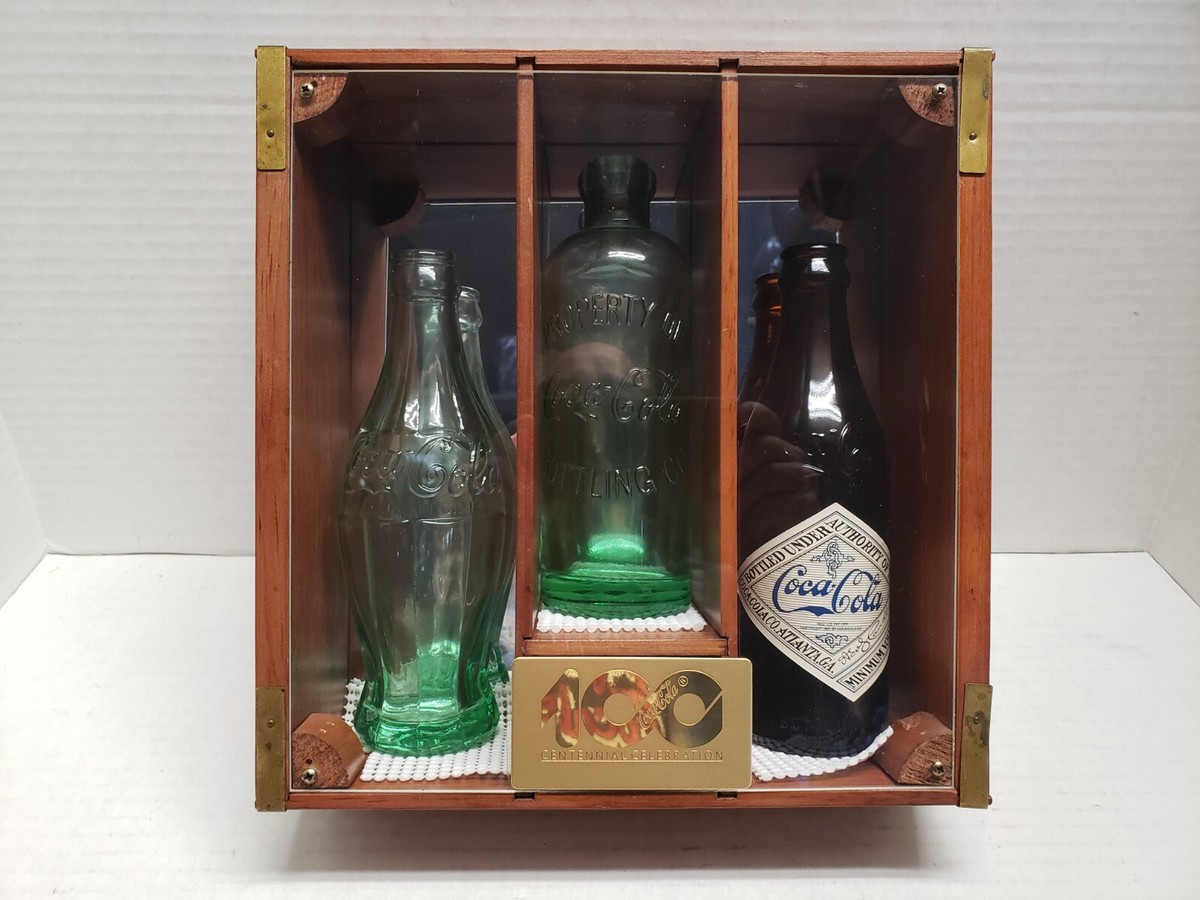 Coke 100th Centennial Set of 3 Reproduction Bottles in Wooden 