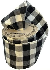 Buffalo Plaid Wired Edge Ribbon - 4" x 10 Yards, White Black Checks, Christmas