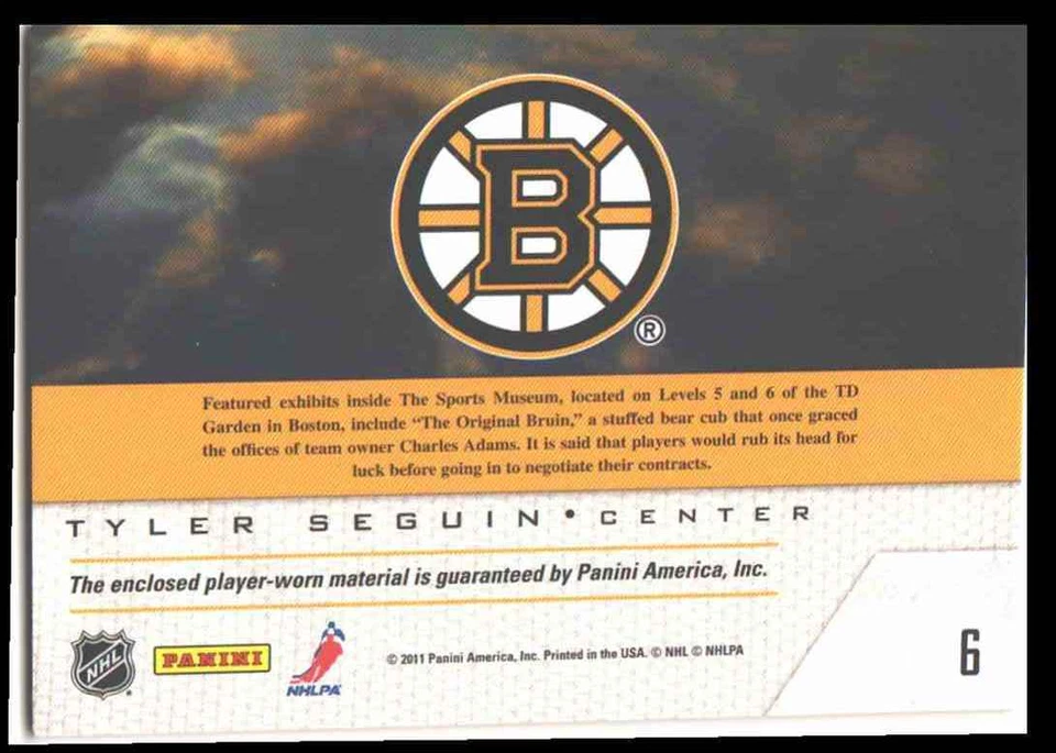 2011-12 Pinnacle Game Night Tyler Seguin Jersey 1 Color Boston Bruins #6 - Image 2 of 2