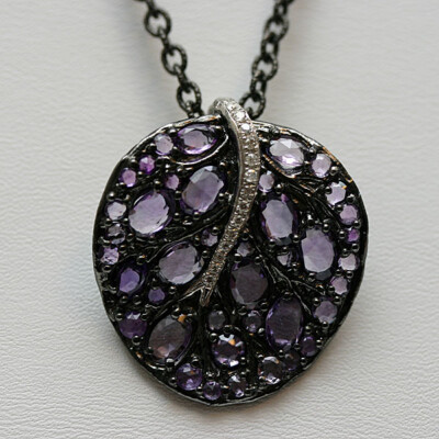 Michael Aram Neu Botanisches Blatt Silber Amethyst Diamant Anhänger Halskette