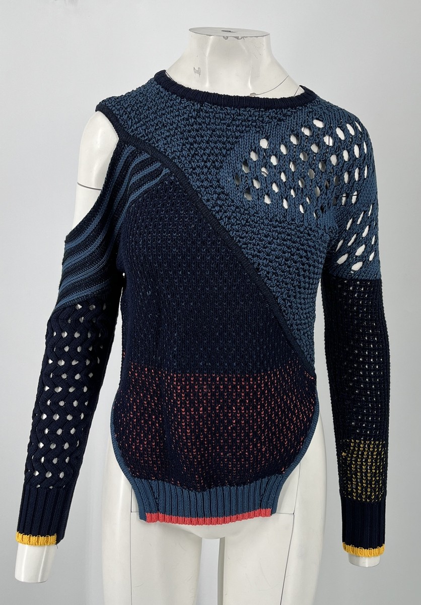 Prabal Gurung Blue Cable-Knit Cold-Shoulder Hi-Low Long Sleeve