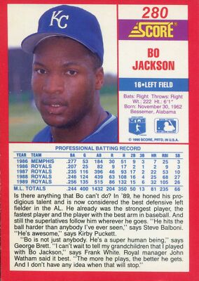 BO JACKSON ~ 1990 Score Baseball Card #280 A ERROR (Watham on Back